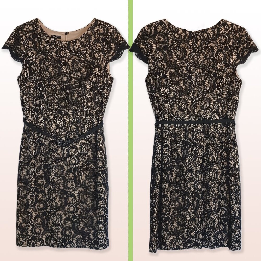 Talbots Black Lace Shift Dress with Belt Size 8p